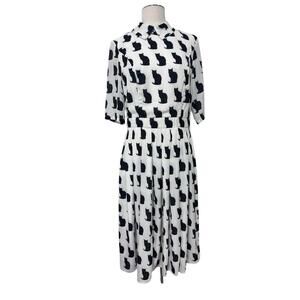 Eshakti  PeterPan Neck Tie Cat Print Crepe Dress M Pockets! Black Cat BinD8